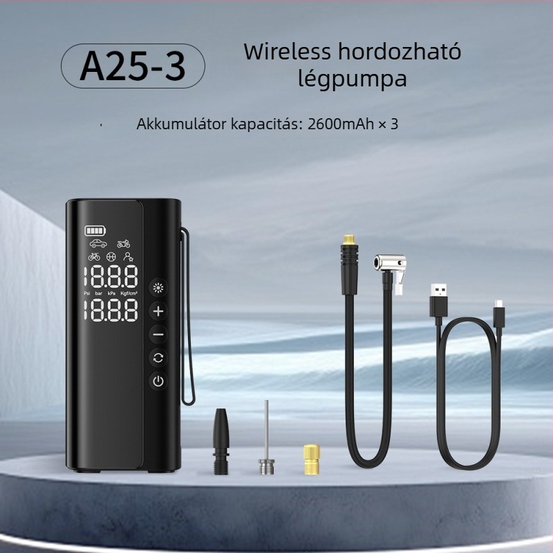 Autó Légpumpa – vezeték nélküli, hordozható, kézben tartható, automatikus kikapcsolás, digitális kijelző; 12V, 100W, 25 L/perc, 5–20 perc folyamatos üzem