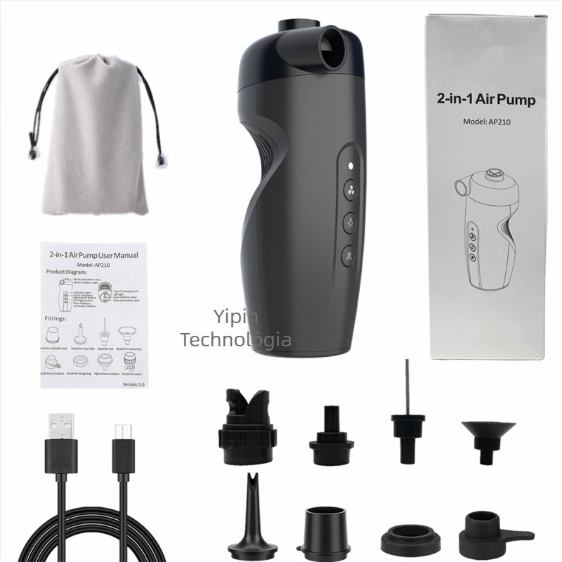 Hordozható USB-energiával működő 2 az 1-ben inflátor gumikhoz és felfújható tárgyakhoz, digitális kijelző, nagy áramlás >70 L/perc, üzemidő >20 perc, ABS ház