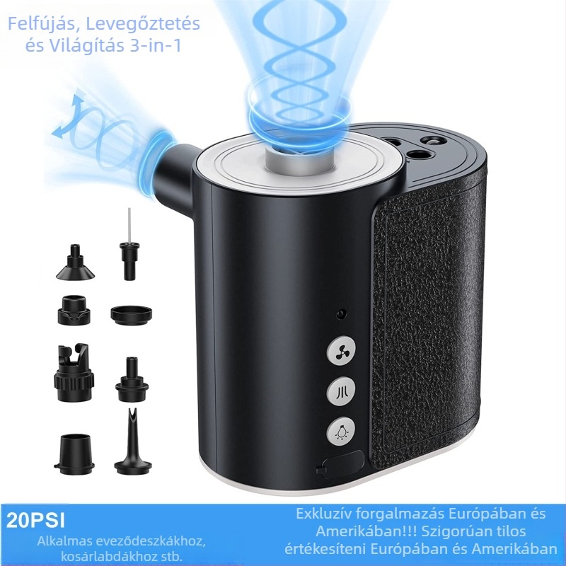 Hordozható USB-energiával működő 2 az 1-ben inflátor gumikhoz és felfújható tárgyakhoz, digitális kijelző, nagy áramlás >70 L/perc, üzemidő >20 perc, ABS ház