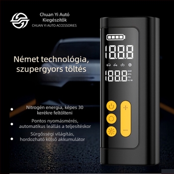 Kis méretű USB-s autókerék-felfújó digitális kijelzővel (12V, 80W, 25 L/min)