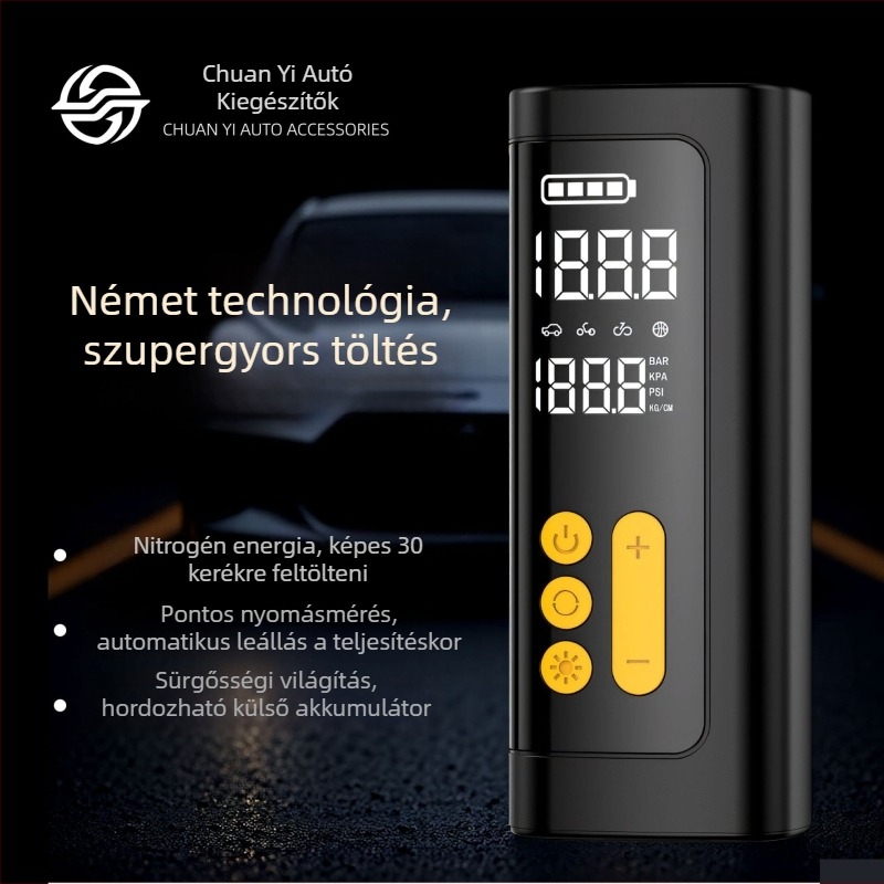 Kis méretű USB-s autókerék-felfújó digitális kijelzővel (12V, 80W, 25 L/min)