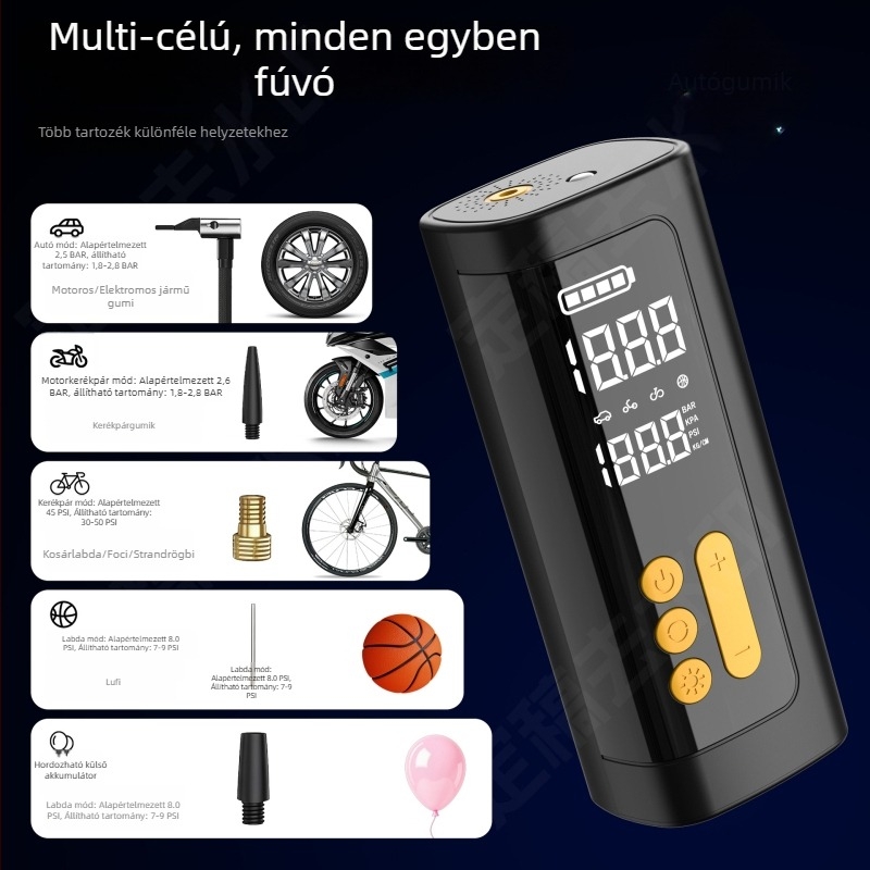 Kis méretű USB-s autókerék-felfújó digitális kijelzővel (12V, 80W, 25 L/min)