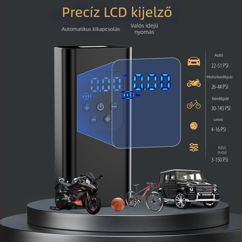 Autó- és kerékpárhoz használható hordozható levegőpumpa, újratölthető, 12V, 100W, 25 L/min, digitális kijelző, 3 m kábellel