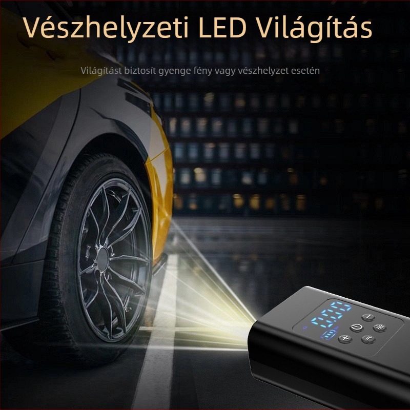 Autó- és kerékpárhoz használható hordozható levegőpumpa, újratölthető, 12V, 100W, 25 L/min, digitális kijelző, 3 m kábellel