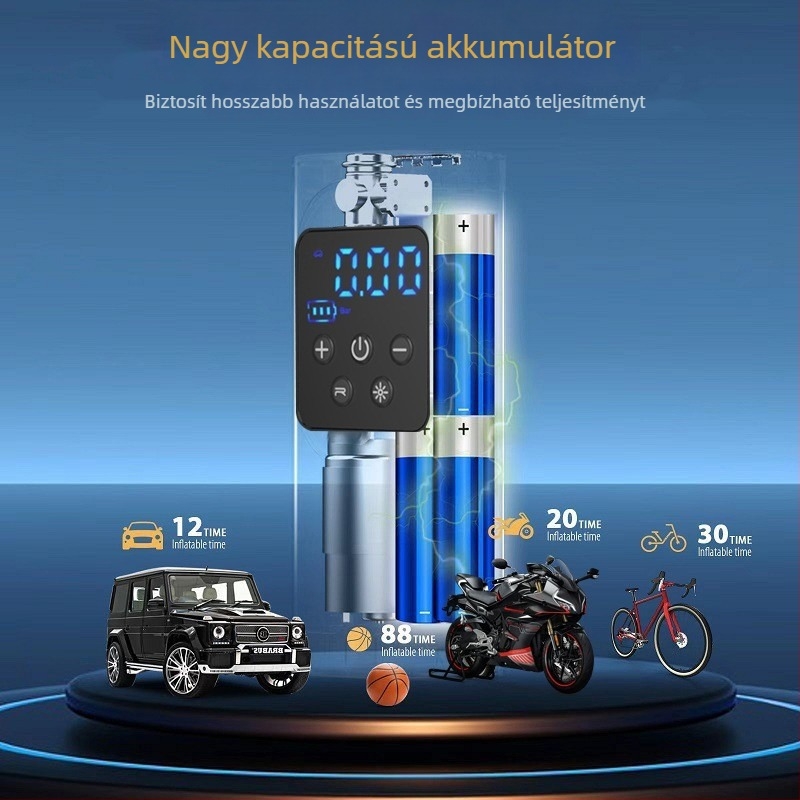 Autó- és kerékpárhoz használható hordozható levegőpumpa, újratölthető, 12V, 100W, 25 L/min, digitális kijelző, 3 m kábellel