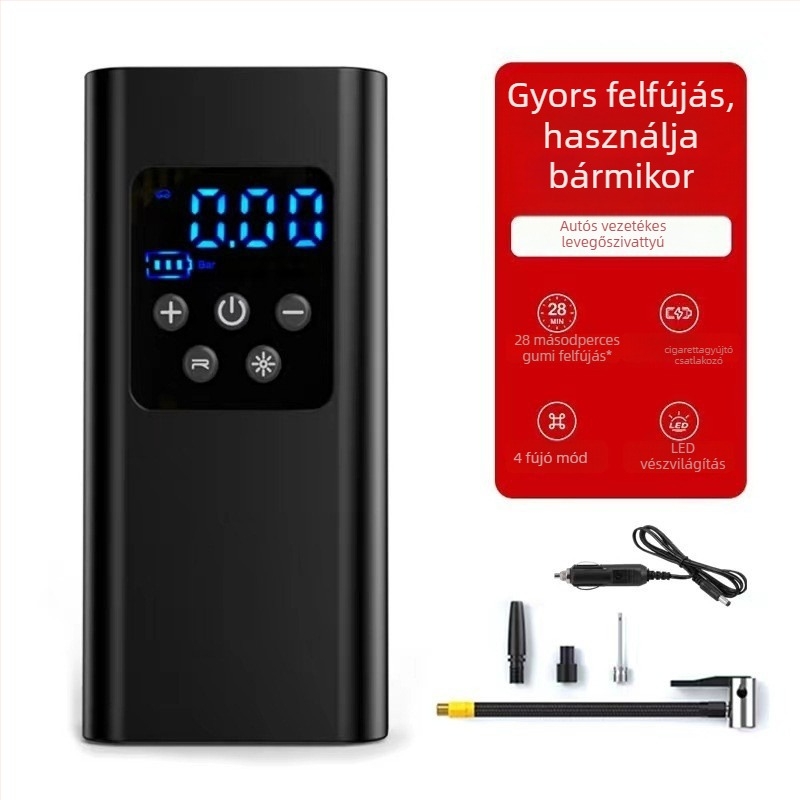 Autó- és kerékpárhoz használható hordozható levegőpumpa, újratölthető, 12V, 100W, 25 L/min, digitális kijelző, 3 m kábellel