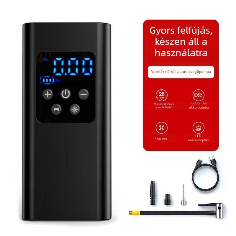 Autó- és kerékpárhoz használható hordozható levegőpumpa, újratölthető, 12V, 100W, 25 L/min, digitális kijelző, 3 m kábellel