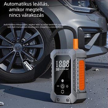 Hordozható elektromos autó légpumpa, vezeték nélküli, újratölthető, digitális guminyomás-mérővel, 12V, 25 L/min, üzemidő 5–20 perc