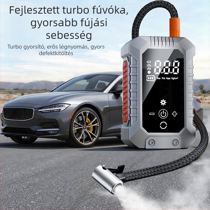 Hordozható elektromos autó légpumpa, vezeték nélküli, újratölthető, digitális guminyomás-mérővel, 12V, 25 L/min, üzemidő 5–20 perc
