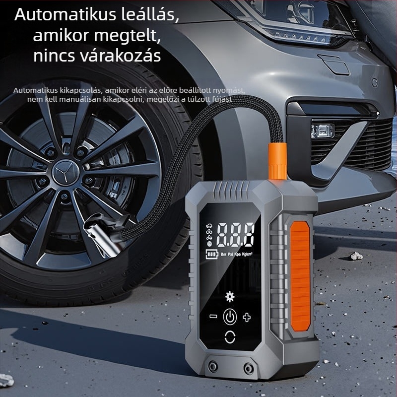 Hordozható elektromos autó légpumpa, vezeték nélküli, újratölthető, digitális guminyomás-mérővel, 12V, 25 L/min, üzemidő 5–20 perc