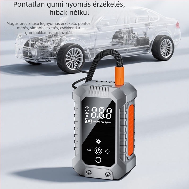 Hordozható elektromos autó légpumpa, vezeték nélküli, újratölthető, digitális guminyomás-mérővel, 12V, 25 L/min, üzemidő 5–20 perc