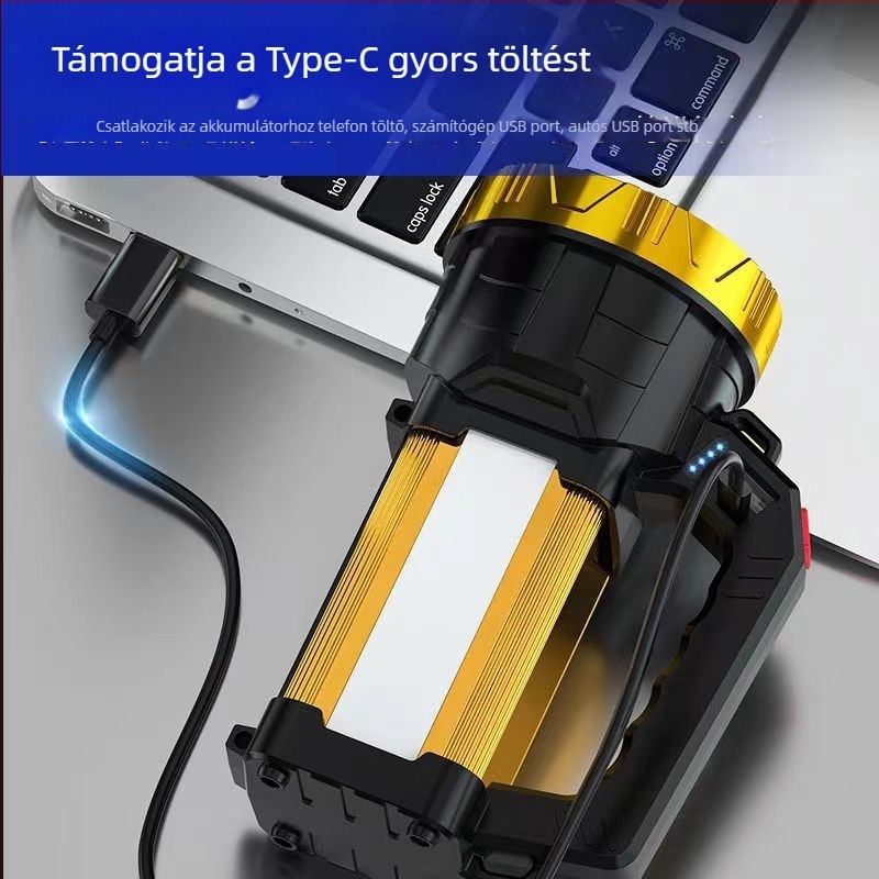 Hordozható LED keresőlámpa – 25W, 18000 mAh, napelemes és kézi hajtás, 360° forgás