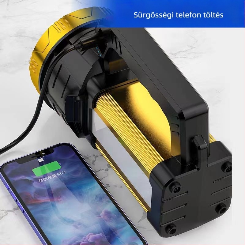 Hordozható LED keresőlámpa – 25W, 18000 mAh, napelemes és kézi hajtás, 360° forgás