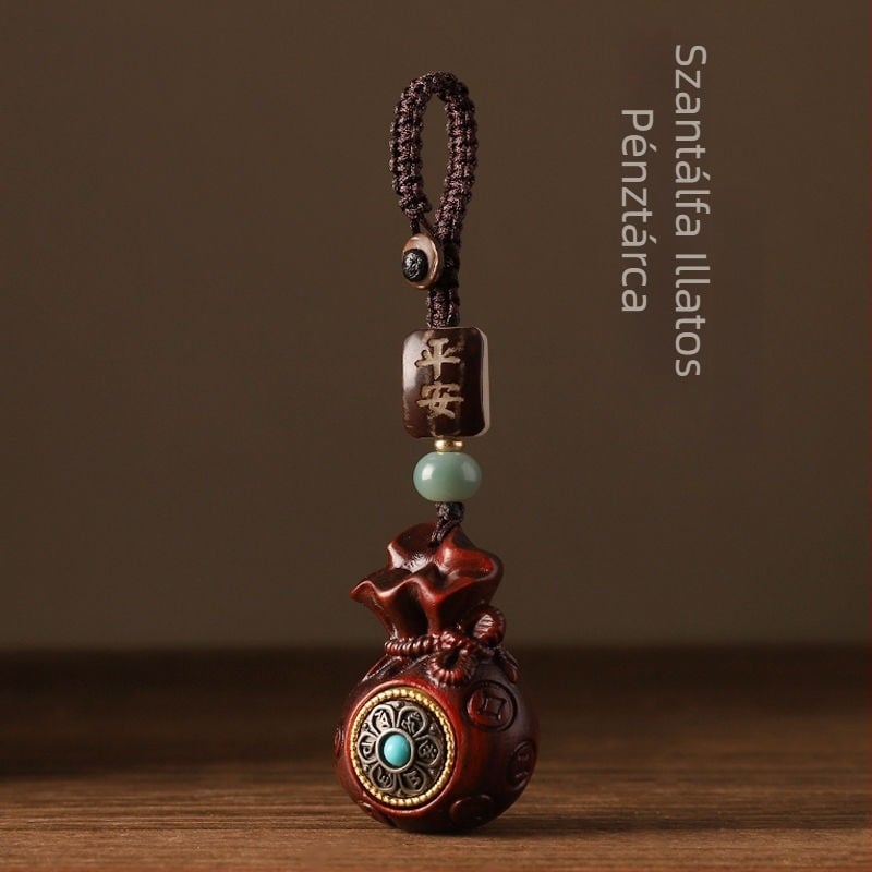 Kulcstartó szantálfából, pénztárca alakú mintával és hatszótagú mantrával, uniszex medál, telefonlánccal