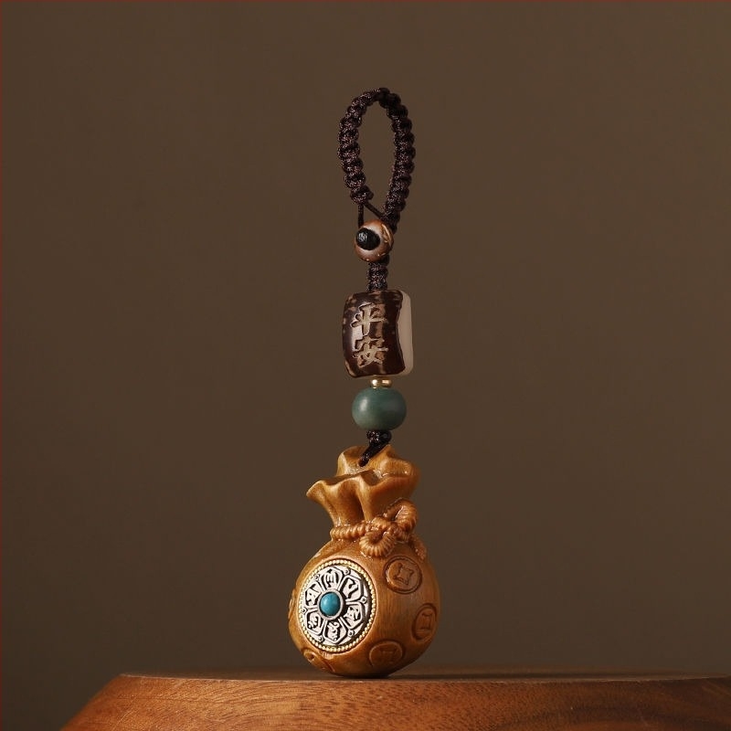 Kulcstartó szantálfából, pénztárca alakú mintával és hatszótagú mantrával, uniszex medál, telefonlánccal