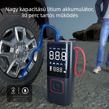 Hordozható elektromos levegőpumpa – vezeték nélküli, autó és bicikli számára, 12V, 80W, 35 L/min, digitális kijelző, nyomásmérő