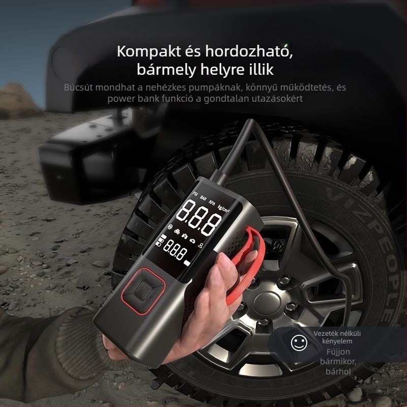Hordozható elektromos levegőpumpa – vezeték nélküli, autó és bicikli számára, 12V, 80W, 35 L/min, digitális kijelző, nyomásmérő