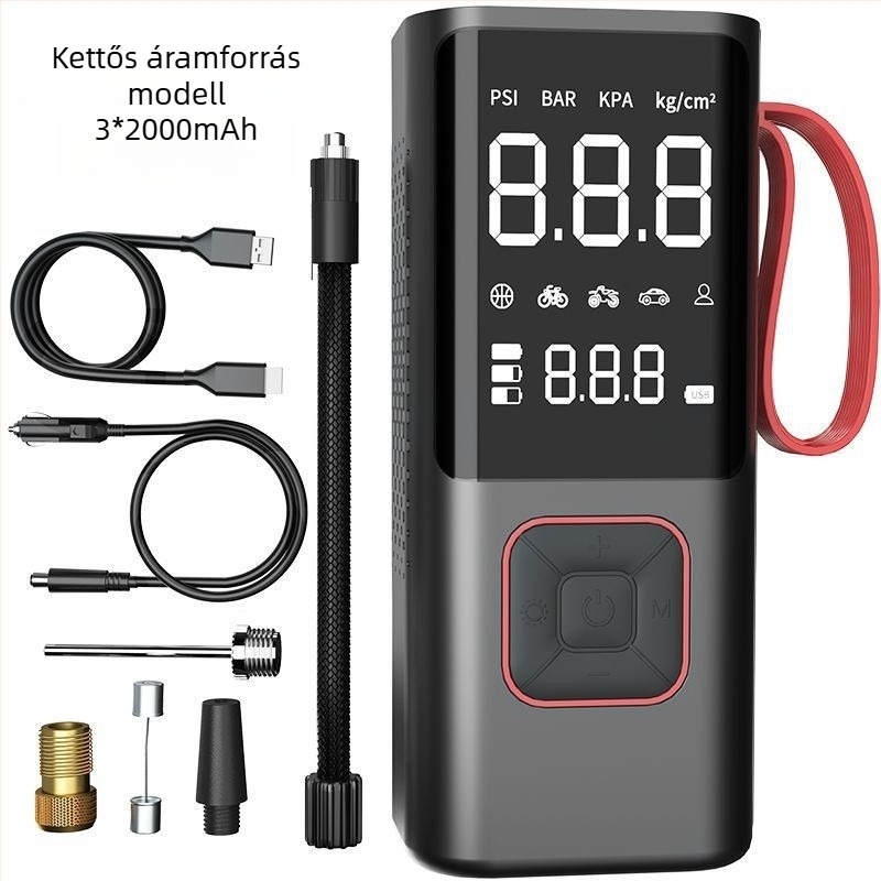 Hordozható elektromos levegőpumpa – vezeték nélküli, autó és bicikli számára, 12V, 80W, 35 L/min, digitális kijelző, nyomásmérő