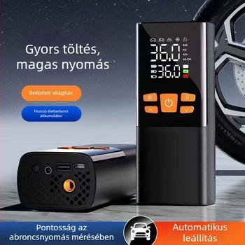 Vezeték nélküli autó légpumpa digitális kijelzővel, 30 L/perc, 11,1V, <80W, Type-C akkumulátor + cigarettagyújtó