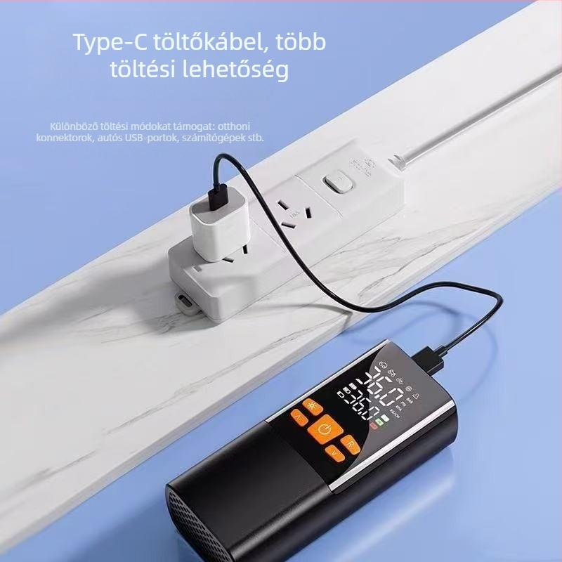 Vezeték nélküli autó légpumpa digitális kijelzővel, 30 L/perc, 11,1V, <80W, Type-C akkumulátor + cigarettagyújtó