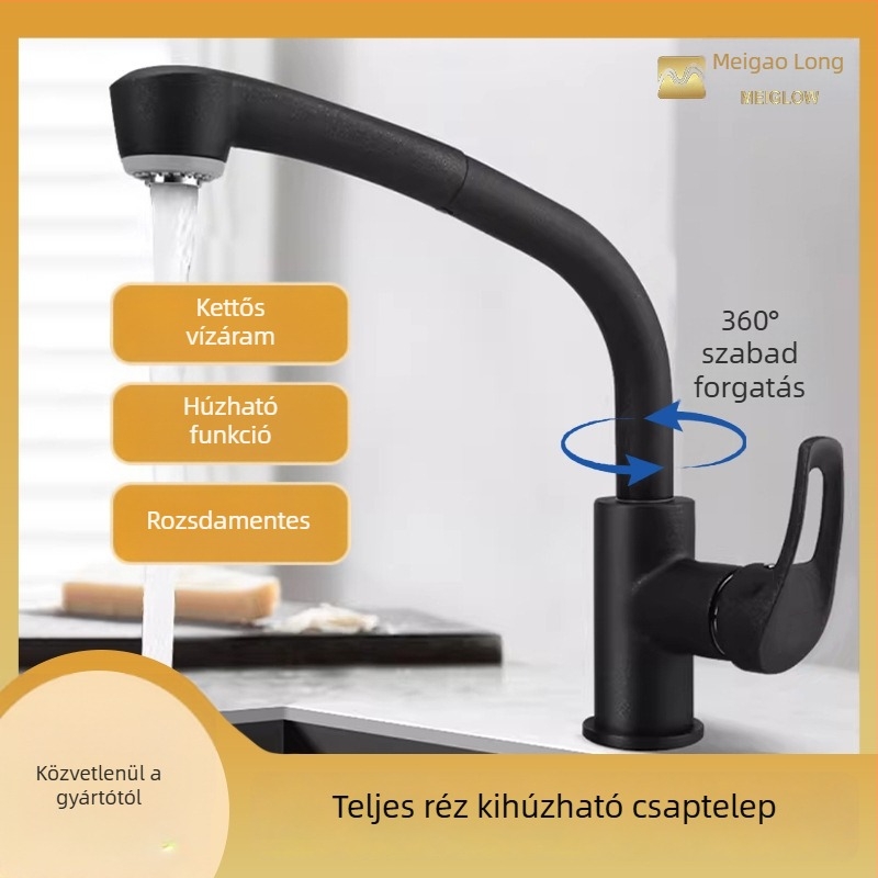 Konyhai mosogatótáp visszahúzható fejjel, emelő funkcióval, kettős kiáramlás, sárgaréz test, kerámia szeleppel, 20 mm bemenet/kimenet