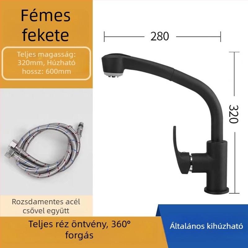 Konyhai mosogatótáp visszahúzható fejjel, emelő funkcióval, kettős kiáramlás, sárgaréz test, kerámia szeleppel, 20 mm bemenet/kimenet