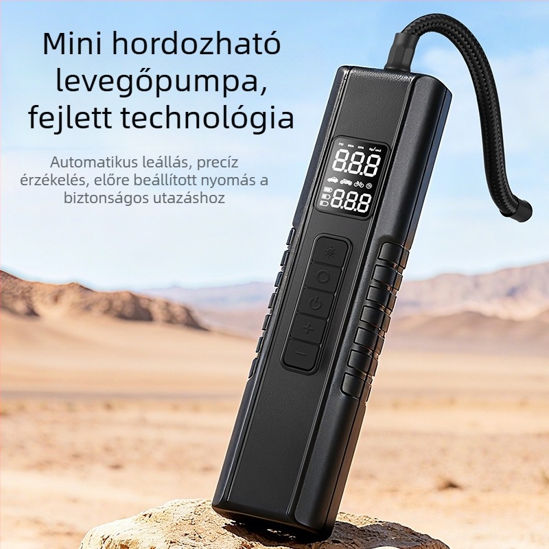 Hordozható autólevegő-szivattyú — 12V USB tápegység, digitális kijelző, légáram 35 L/min, ≤80 W, LED világítás, guminyomás-mérő, USB töltés
