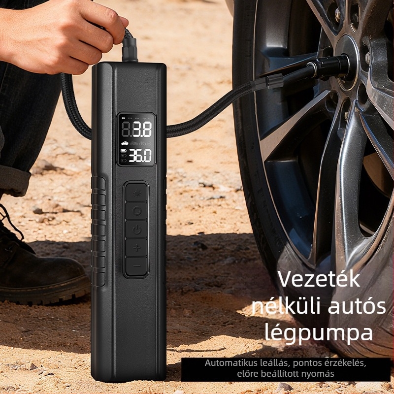 Hordozható autólevegő-szivattyú — 12V USB tápegység, digitális kijelző, légáram 35 L/min, ≤80 W, LED világítás, guminyomás-mérő, USB töltés
