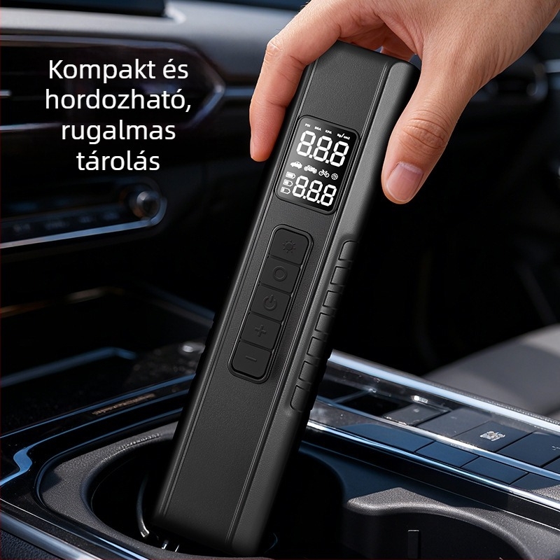 Hordozható autólevegő-szivattyú — 12V USB tápegység, digitális kijelző, légáram 35 L/min, ≤80 W, LED világítás, guminyomás-mérő, USB töltés