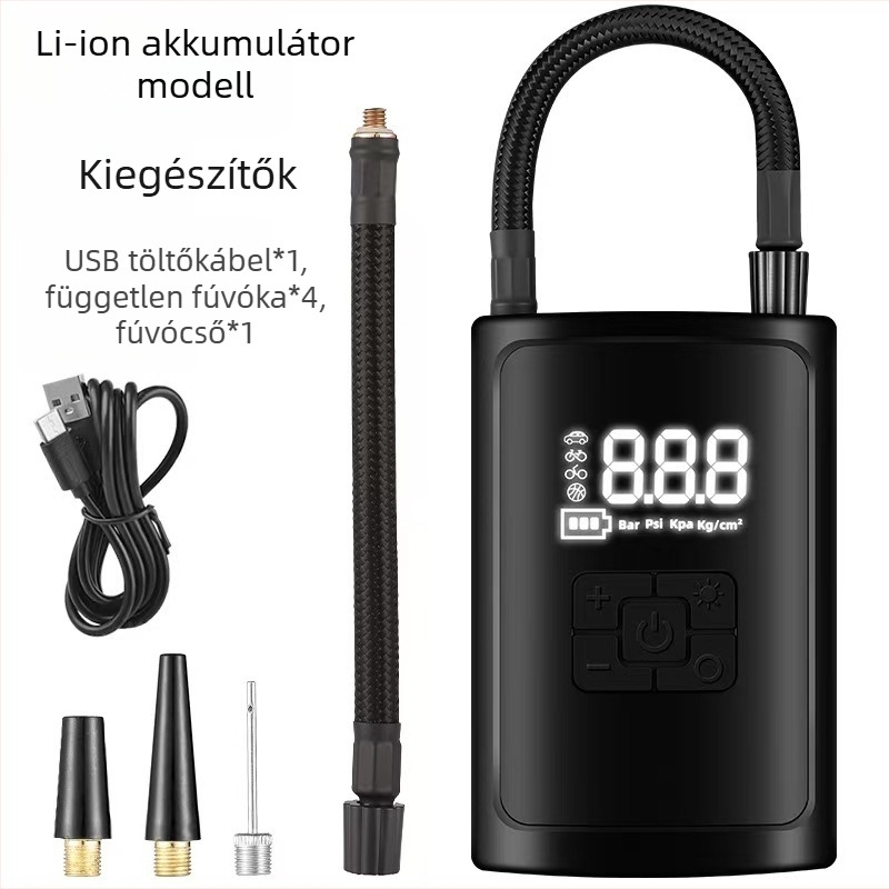 Hordozható autólevegő-szivattyú — 12V USB tápegység, digitális kijelző, légáram 35 L/min, ≤80 W, LED világítás, guminyomás-mérő, USB töltés