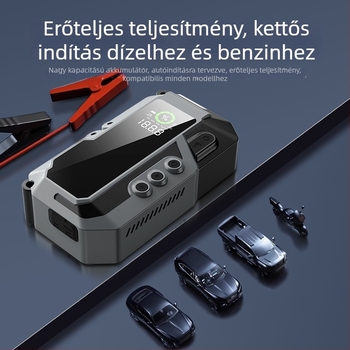 Autóvészhelyzeti indító 12V kimenet, 5V bemenet, beépített levegőpumpa, lítium akkumulátor, nagy kapacitás