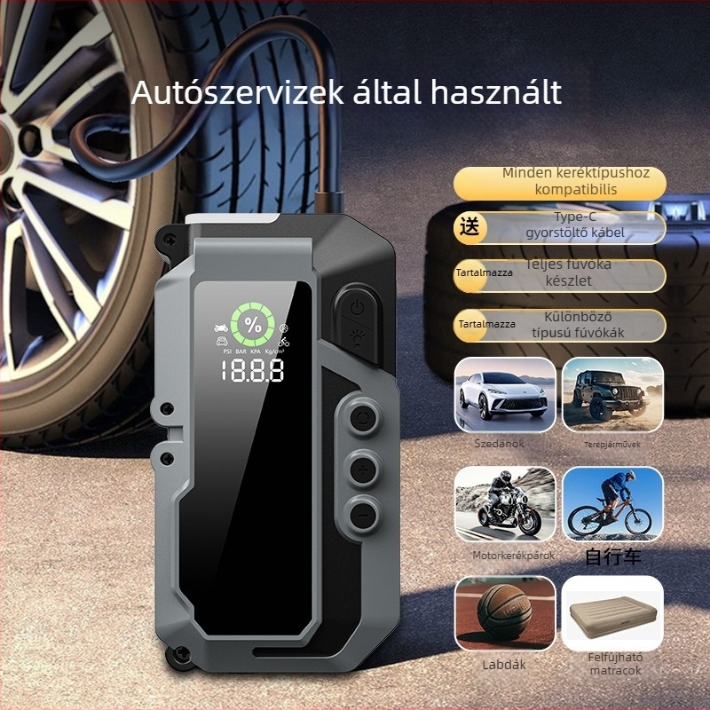 Autóvészhelyzeti indító 12V kimenet, 5V bemenet, beépített levegőpumpa, lítium akkumulátor, nagy kapacitás