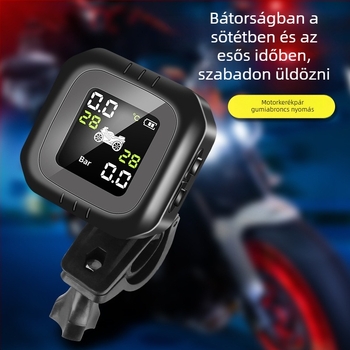 Motorkerékpár külső keréknyomás-monitor, vízálló, LCD kijelzővel, 0-7.0 Bar tartomány, pontosság ±0.1 Bar, 8 m hatótávolság