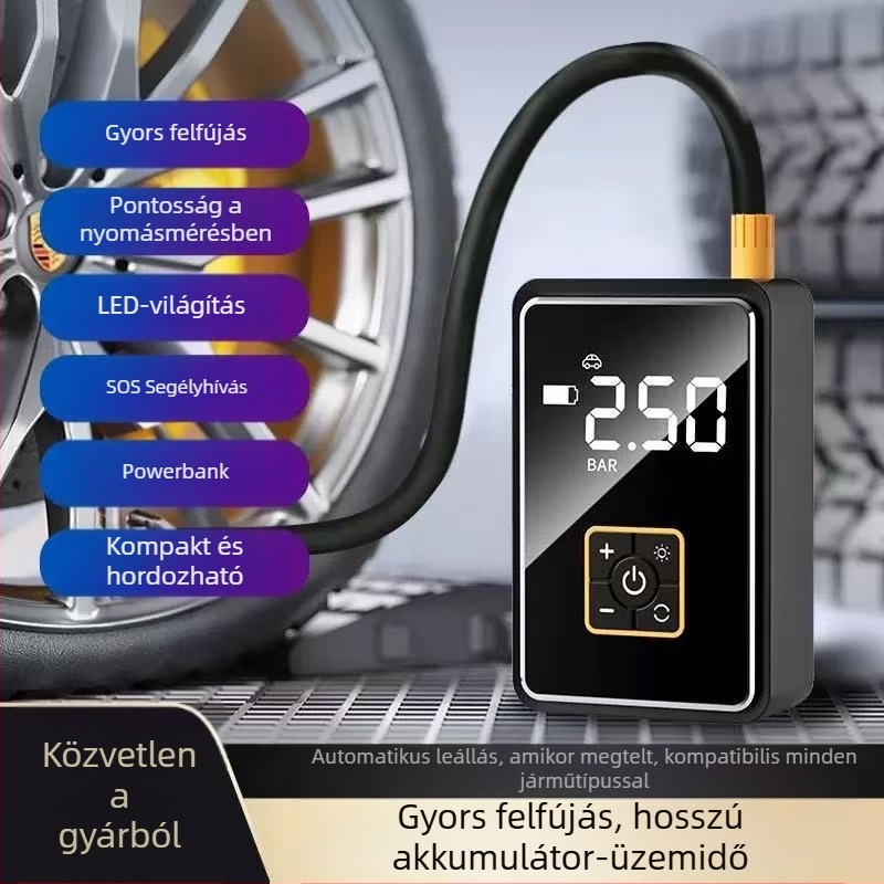 Hordozható autó légpumpa digitális kijelzővel - 12V, 100W, 25 L/min, 450 g