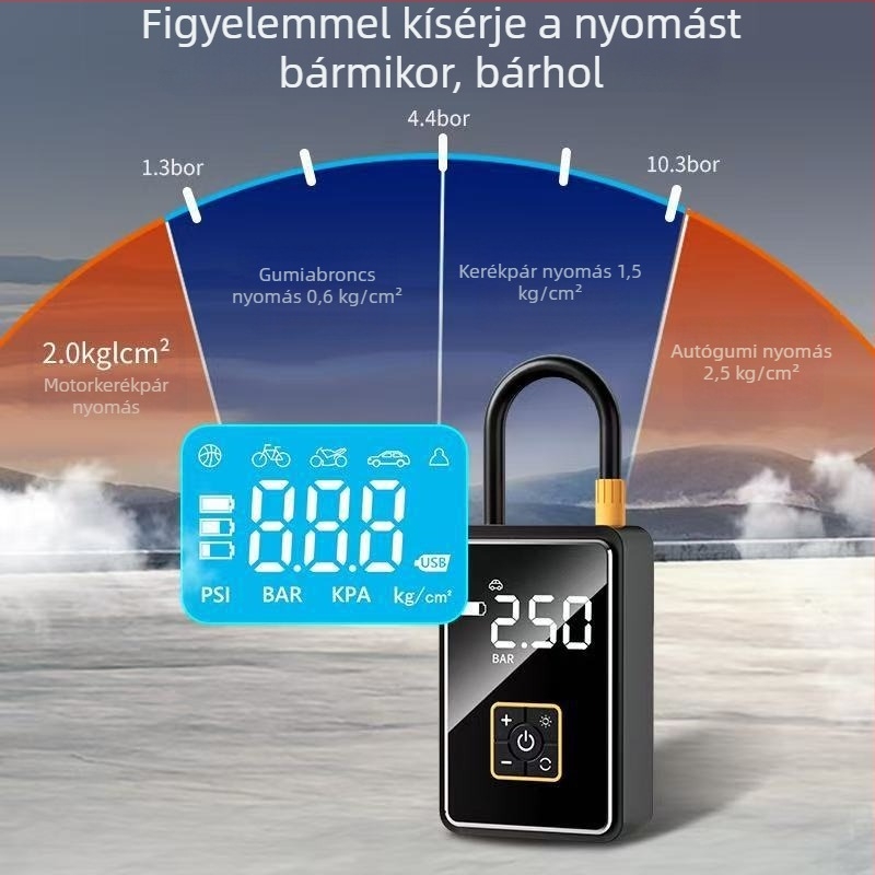 Hordozható autó légpumpa digitális kijelzővel - 12V, 100W, 25 L/min, 450 g