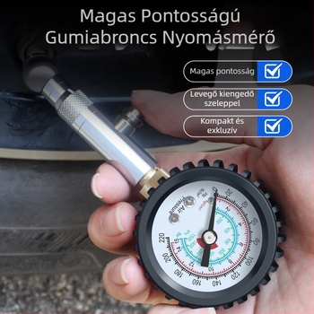 Nagy pontosságú autógumi nyomásmérő acél házban, 0–16 kg nyomástartomány, 0,02 pontosság, több egység kijelző