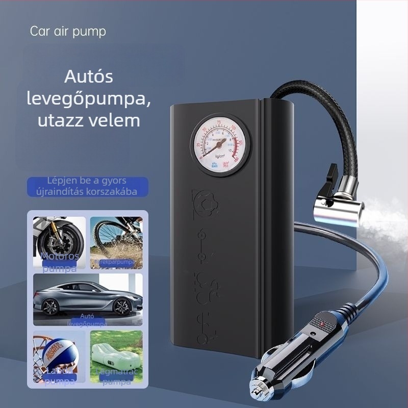 Autó légpumpa, hordozható, 12V, 120W, 45 L/perc, egyhengeres, manométerrel, 1,5-3 m kábel