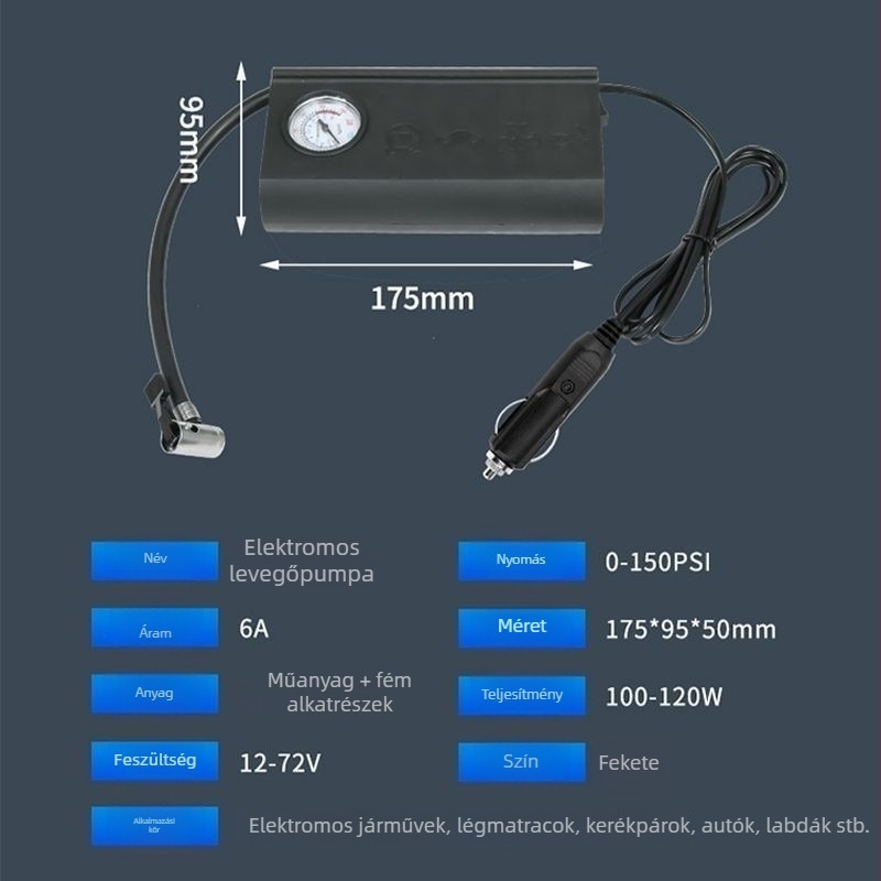 Autó légpumpa, hordozható, 12V, 120W, 45 L/perc, egyhengeres, manométerrel, 1,5-3 m kábel