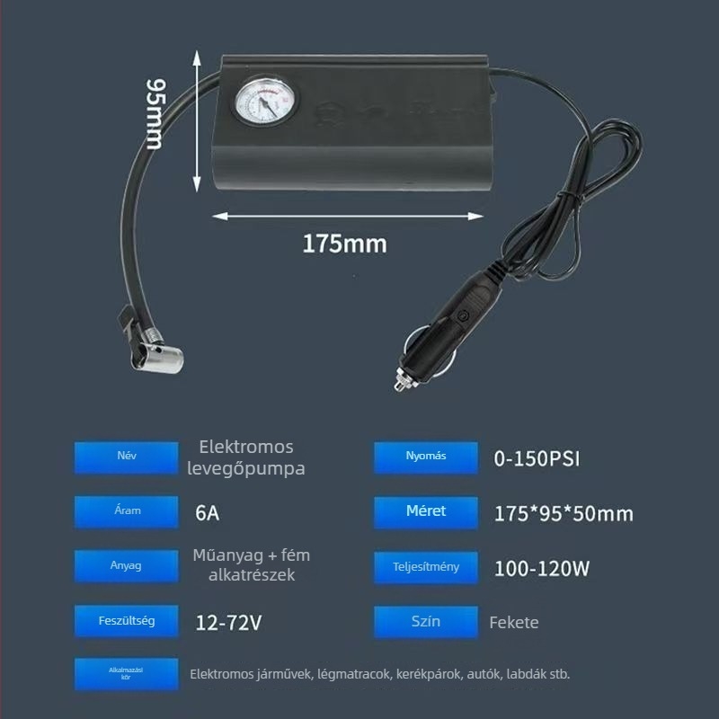 Autó légpumpa, hordozható, 12V, 120W, 45 L/perc, egyhengeres, manométerrel, 1,5-3 m kábel
