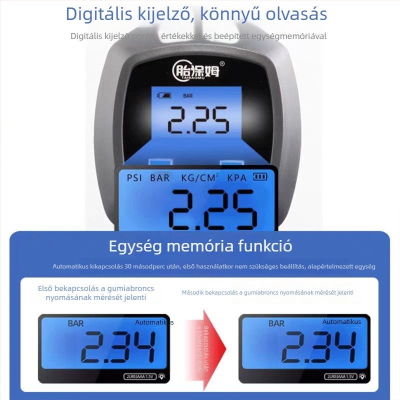 Digitális autógumi töltőnyomásmérő, digitális kijelző, 0-200 psi, több egység, pontosság 0,01