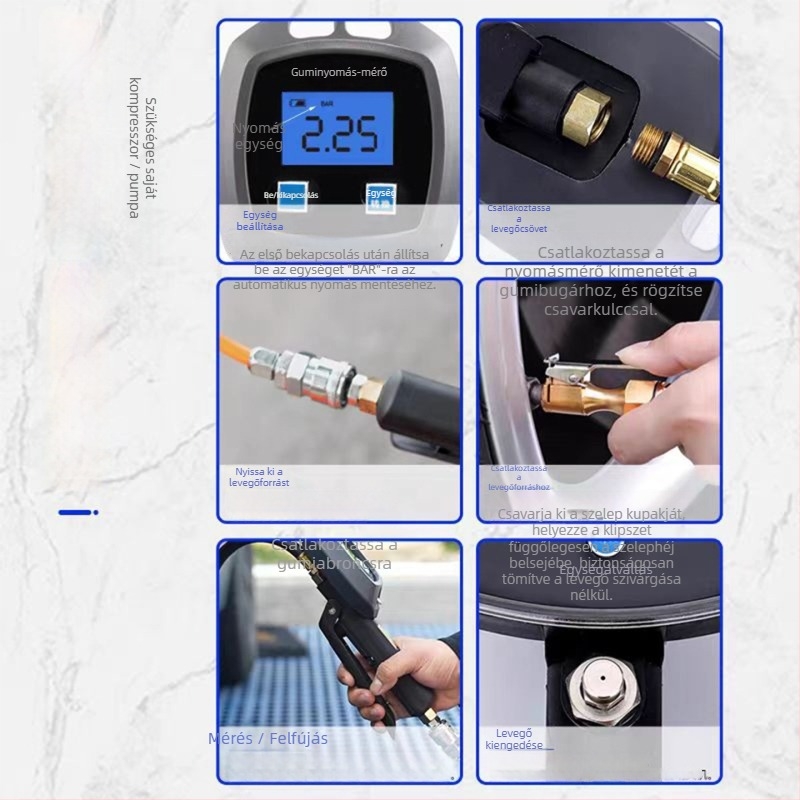 Digitális autógumi töltőnyomásmérő, digitális kijelző, 0-200 psi, több egység, pontosság 0,01