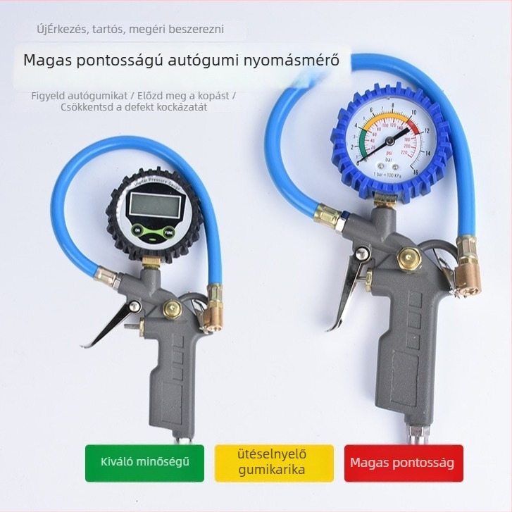 Autó gumi nyomásmérő inflátor pisztollyal, digitális kijelző, tartomány 0-220 psi, pontosság 1 psi