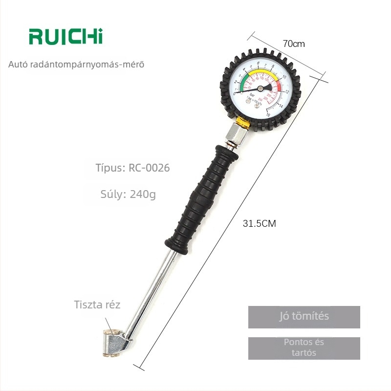 Autó kereknyomás mérő – mechanikus mutató, nagy pontosságú, modell 8600156, tartomány: 0-220 psi (0-16 bar), ház cinkötvözetből, elem nélküli, több mértékegység