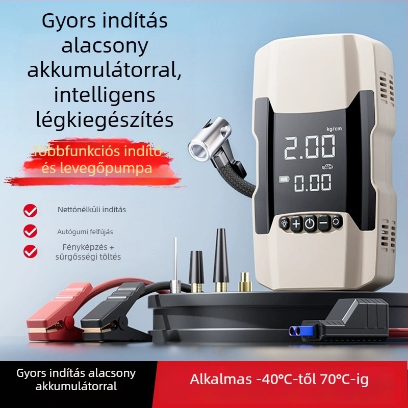 Kafila 602 Autóhoz tervezett vészindító energiaellátó és hordozható légpumpa digitális kijelzővel, újratölthető, 12V, 180W, 70 L/min