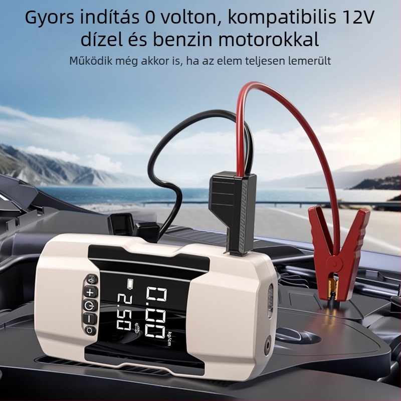 Kafila 602 Autóhoz tervezett vészindító energiaellátó és hordozható légpumpa digitális kijelzővel, újratölthető, 12V, 180W, 70 L/min