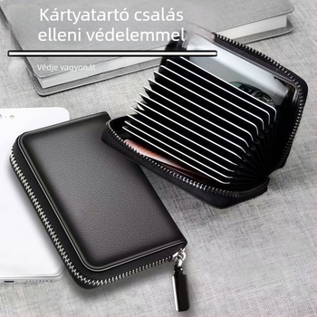 PU anyagú kártyatartó cipzárral, vízálló, lopás- és csalás elleni védelem, több kártyahely