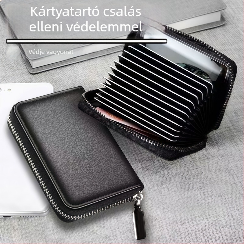 PU anyagú kártyatartó cipzárral, vízálló, lopás- és csalás elleni védelem, több kártyahely