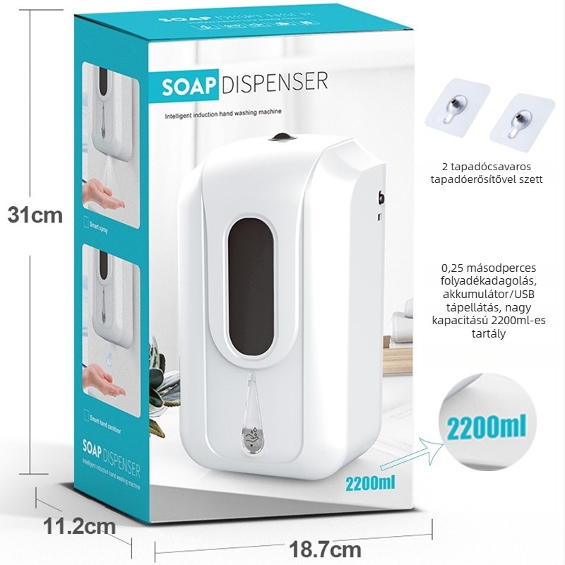 Automata szappanadagoló érintésmentes szenzorral, falra szerelhető, ABS+PC, indukciós funkció, CE tanúsítvány, tömeg 0,8 kg