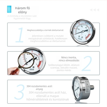 Víztisztító nyomásmérő — rozsdamentes acél, olajjal töltött, víztisztító gépekhez