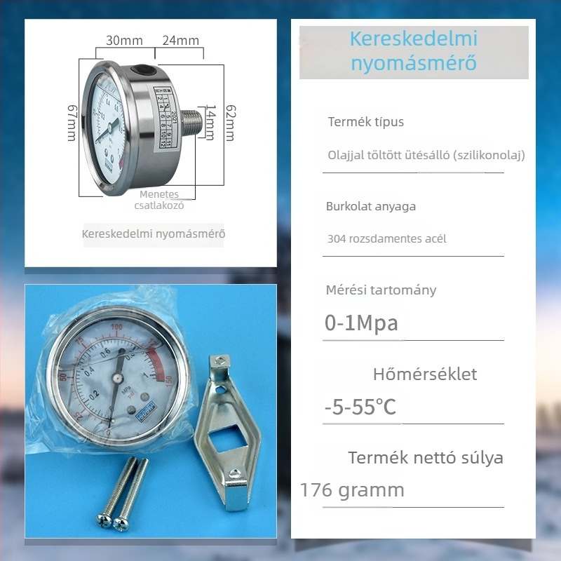Víztisztító nyomásmérő — rozsdamentes acél, olajjal töltött, víztisztító gépekhez